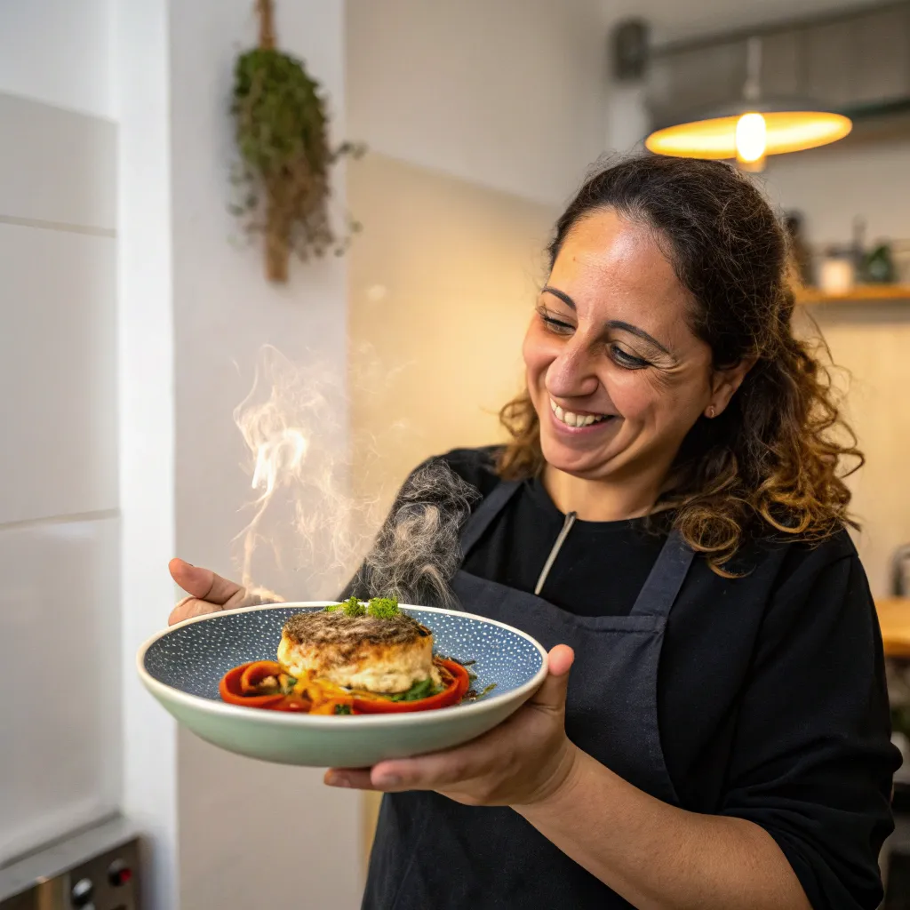 Proud customer showing a cooked dish