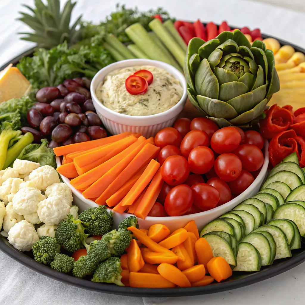 A colorful vegetarian platter with a variety of dishes